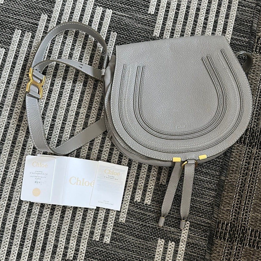 Chloe Marcie Medium Gray Leather Saddle Bag